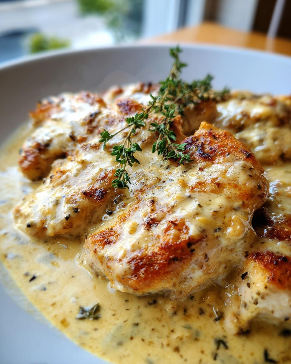Close-up of seared Dijon chicken breasts covered in a creamy, speckled sauce and garnished with fresh thyme.
