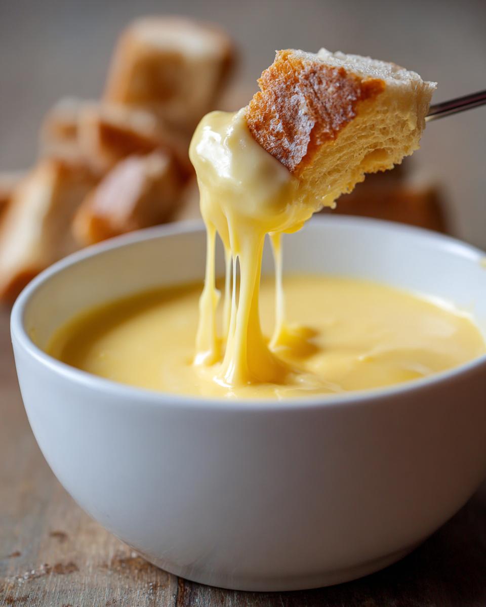 A piece of bread is dipped into a white bowl of hot, stretchy cheese fondue recipe.