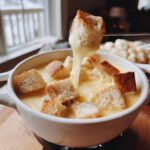A piece of bread is dipped into a pot of melted cheese for a cheese fondue recipe non alcoholic, showing a long cheese pull.