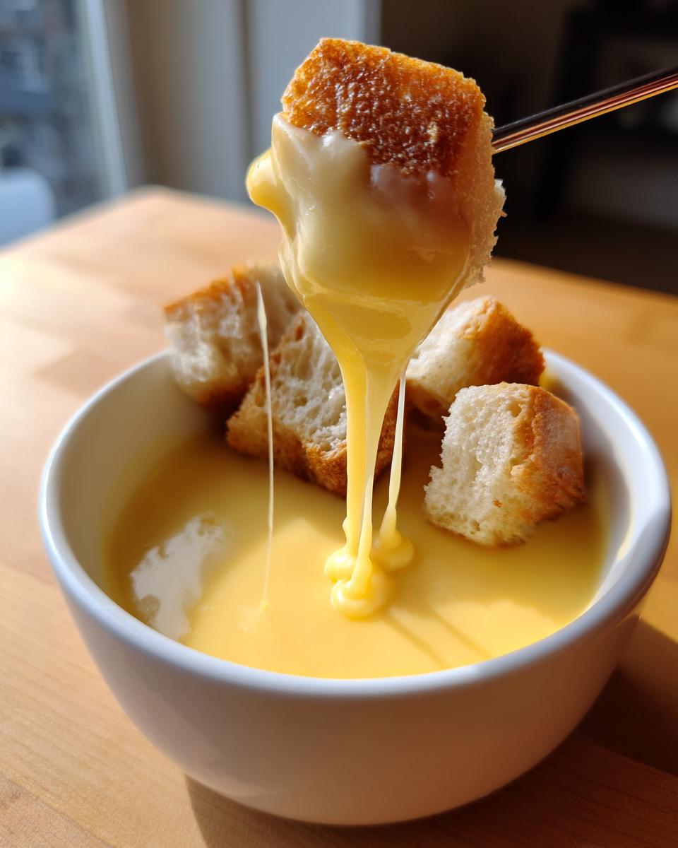A piece of toasted bread is lifted from a white bowl filled with smooth, yellow cheese fondue recipe, showing a long, satisfying cheese pull.