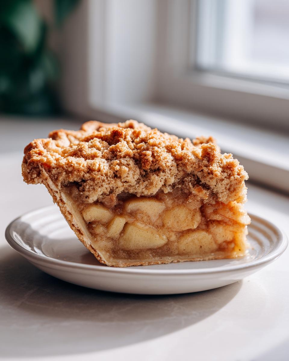 Close-up of a thick slice of dutch apple pie recipe showing tender apples and a crumb topping.