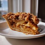 A close-up of a slice of dutch apple pie recipe showing thick apple filling and a rich brown crumb topping.