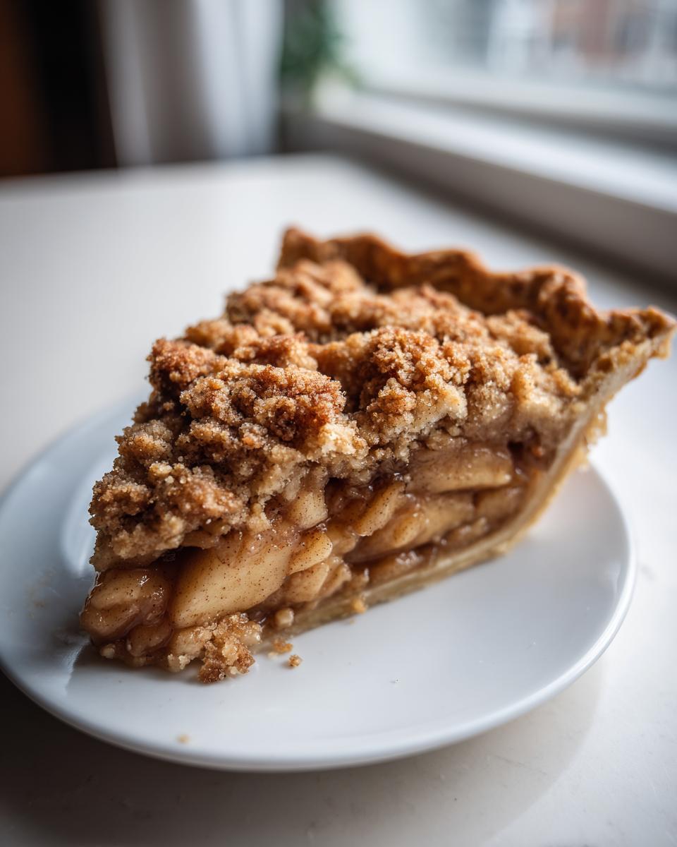 A close-up of a thick slice of dutch apple pie recipe with a generous cinnamon crumb topping.