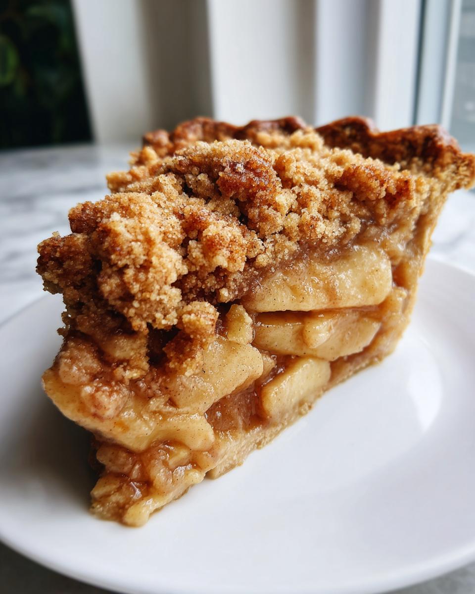 Close-up of a generous slice of dutch apple pie recipe showing thick apple filling and a crunchy brown sugar crumb topping.