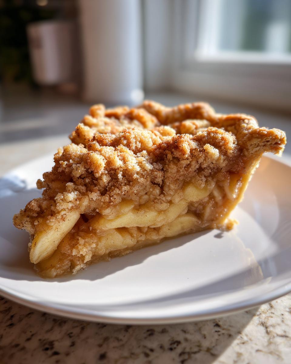 A close-up, sunlit slice of dutch apple pie recipe showing thick apple filling and a crumbly streusel topping.