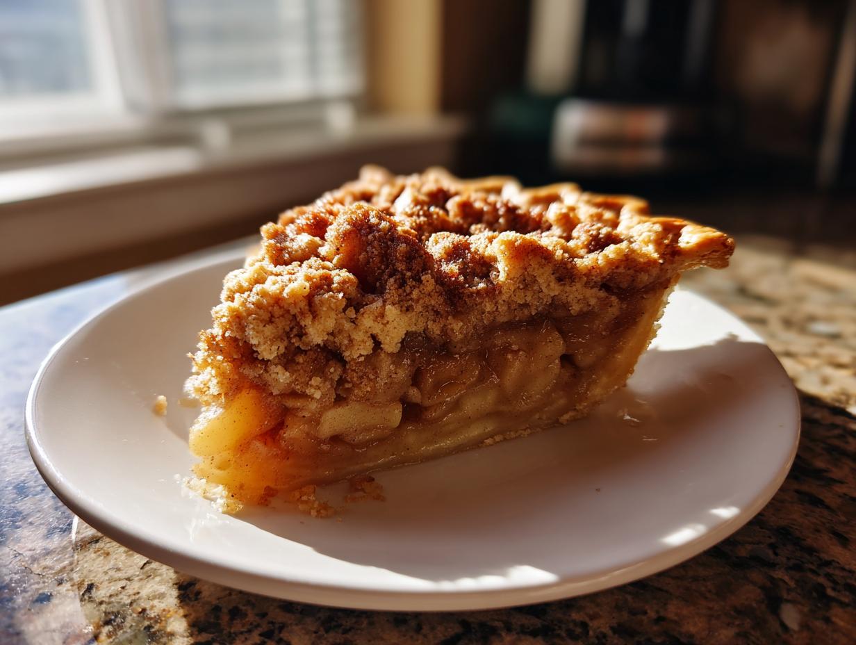 A close-up of a thick slice of dutch apple pie recipe featuring a golden crumb topping and visible apple filling.
