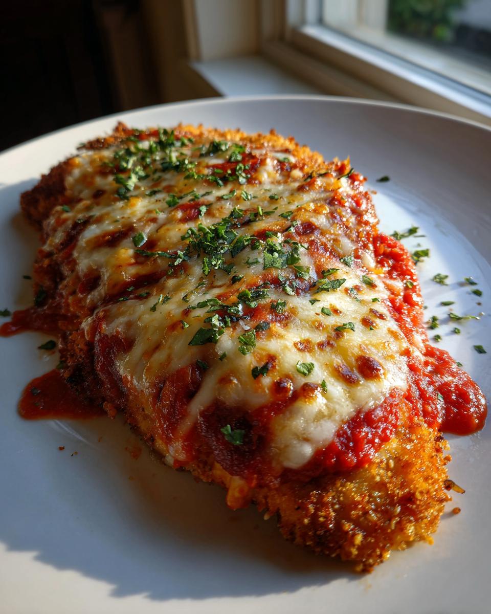 A close-up of a baked chicken parmesan recipe easy baked, topped with melted mozzarella and fresh parsley.