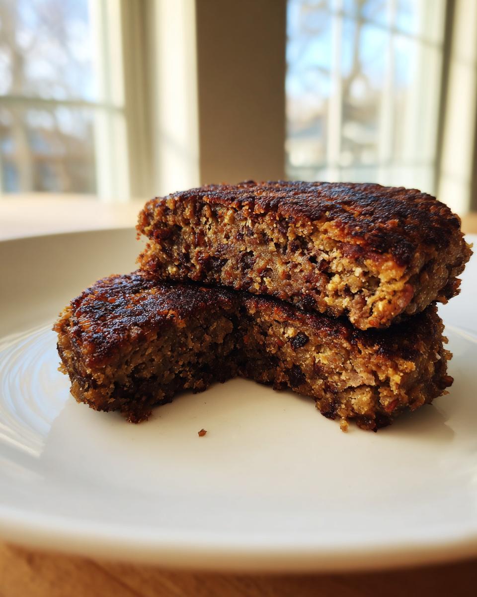Two halves of a perfectly cooked easy black bean burger patty stacked on a white plate, showing the texture inside.