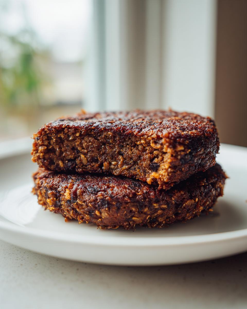 Close-up of two perfectly seared easy black bean burger patties stacked on a white plate.