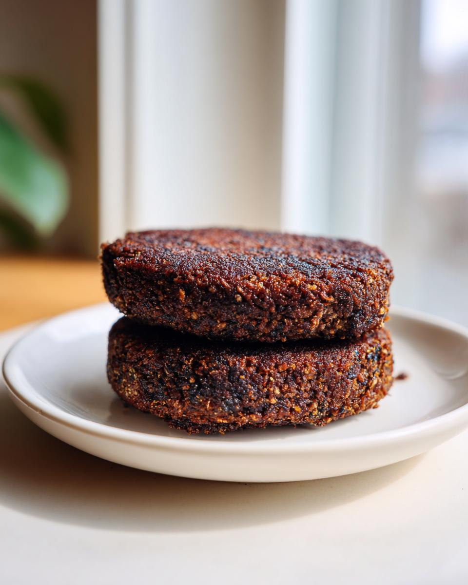 Two dark, perfectly seared easy black bean burger patties stacked on a small white plate.