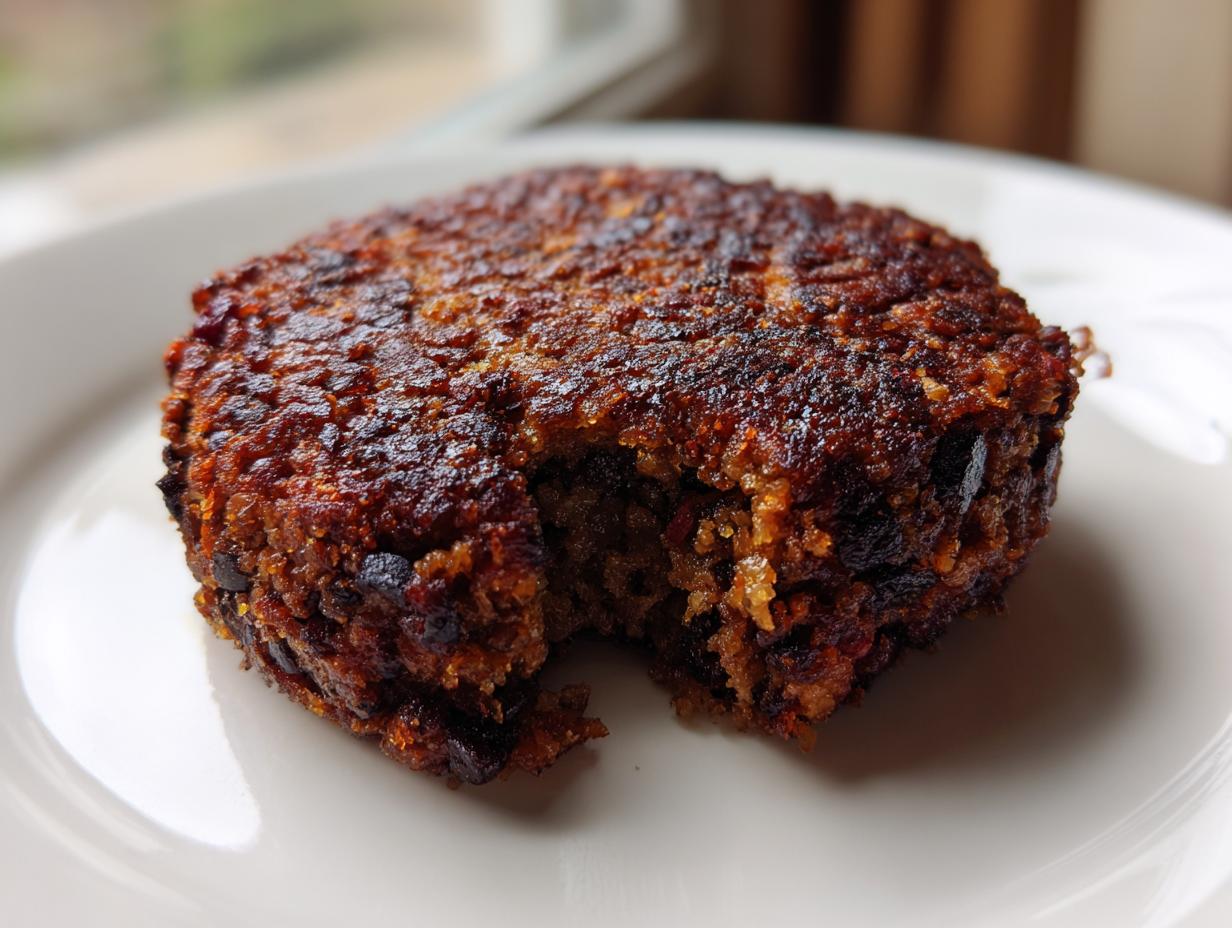 A close-up of a perfectly cooked, dark brown easy black bean burger patty with a bite taken out, resting on a white plate.