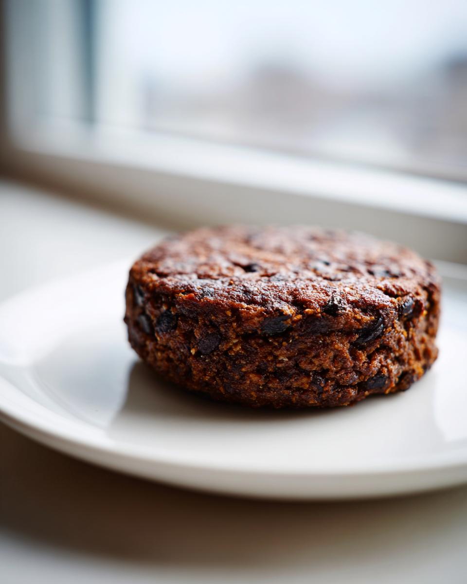 A single, thick, dark brown easy black bean burger patty resting on a white plate near a window.