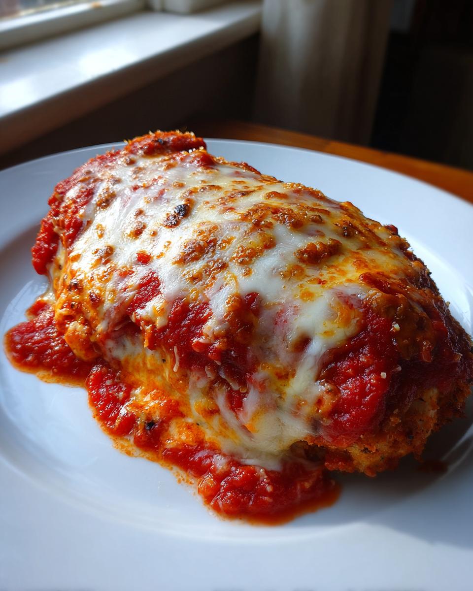 Close-up of a breaded chicken breast smothered in marinara sauce and melted mozzarella cheese for an easy chicken parmesan recipe.