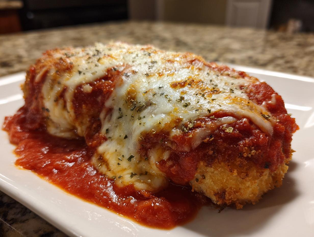 Close-up of a breaded chicken breast smothered in marinara sauce and melted mozzarella for the chicken parmesan recipe easy.