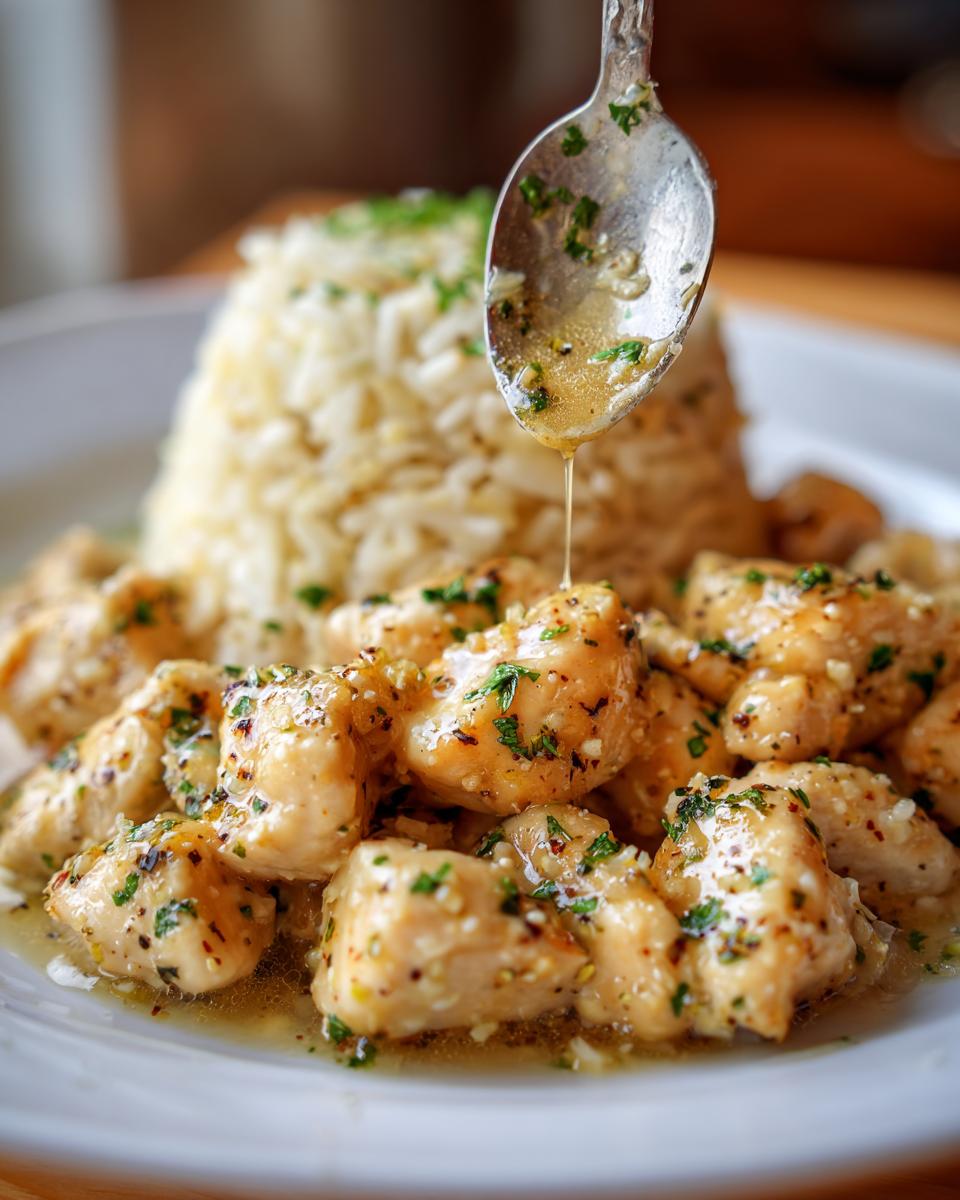 A spoonful of buttery sauce is drizzled over pieces of easy chicken scampi next to a mound of garlic parmesan rice.