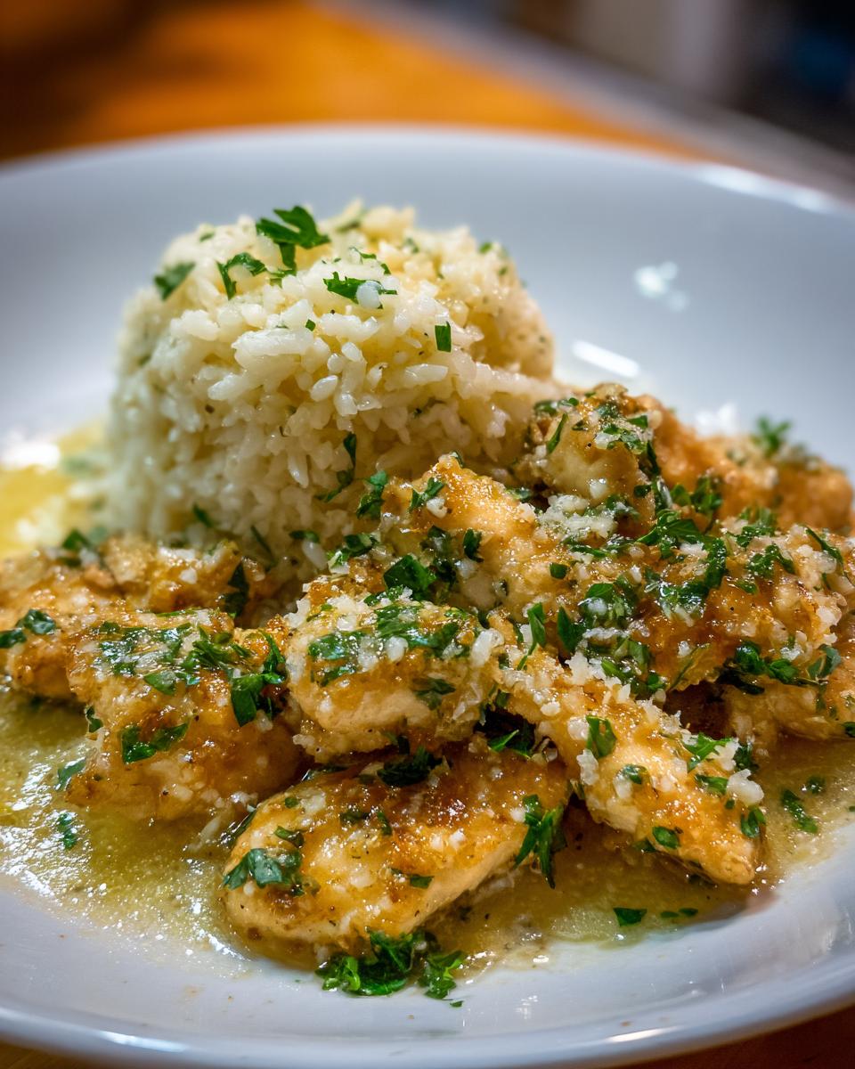 Close-up of easy chicken scampi pieces coated in sauce, served next to a mound of garlic parmesan rice.
