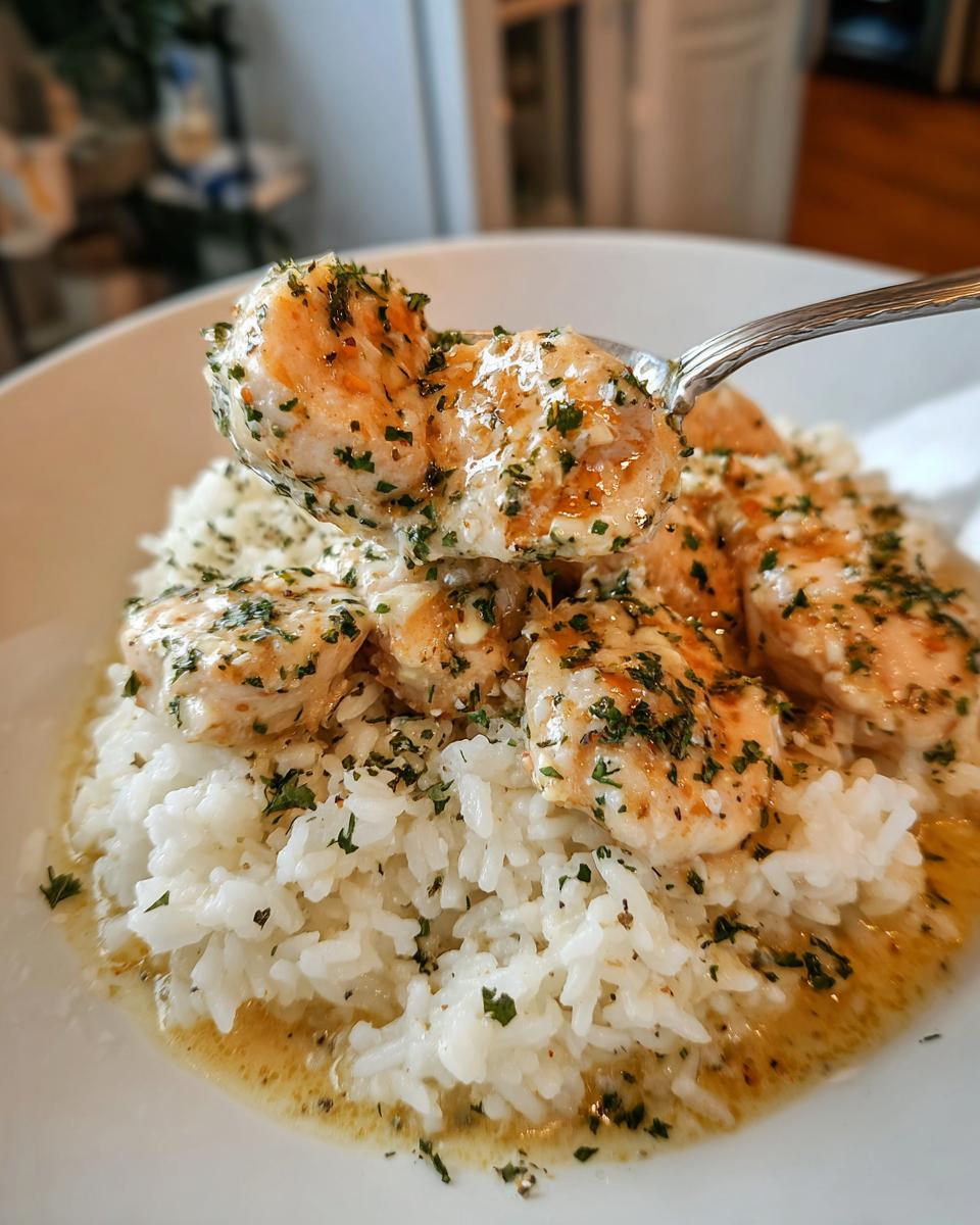 A spoonful of creamy easy chicken scampi with garlic parmesan rice being lifted from a white bowl.