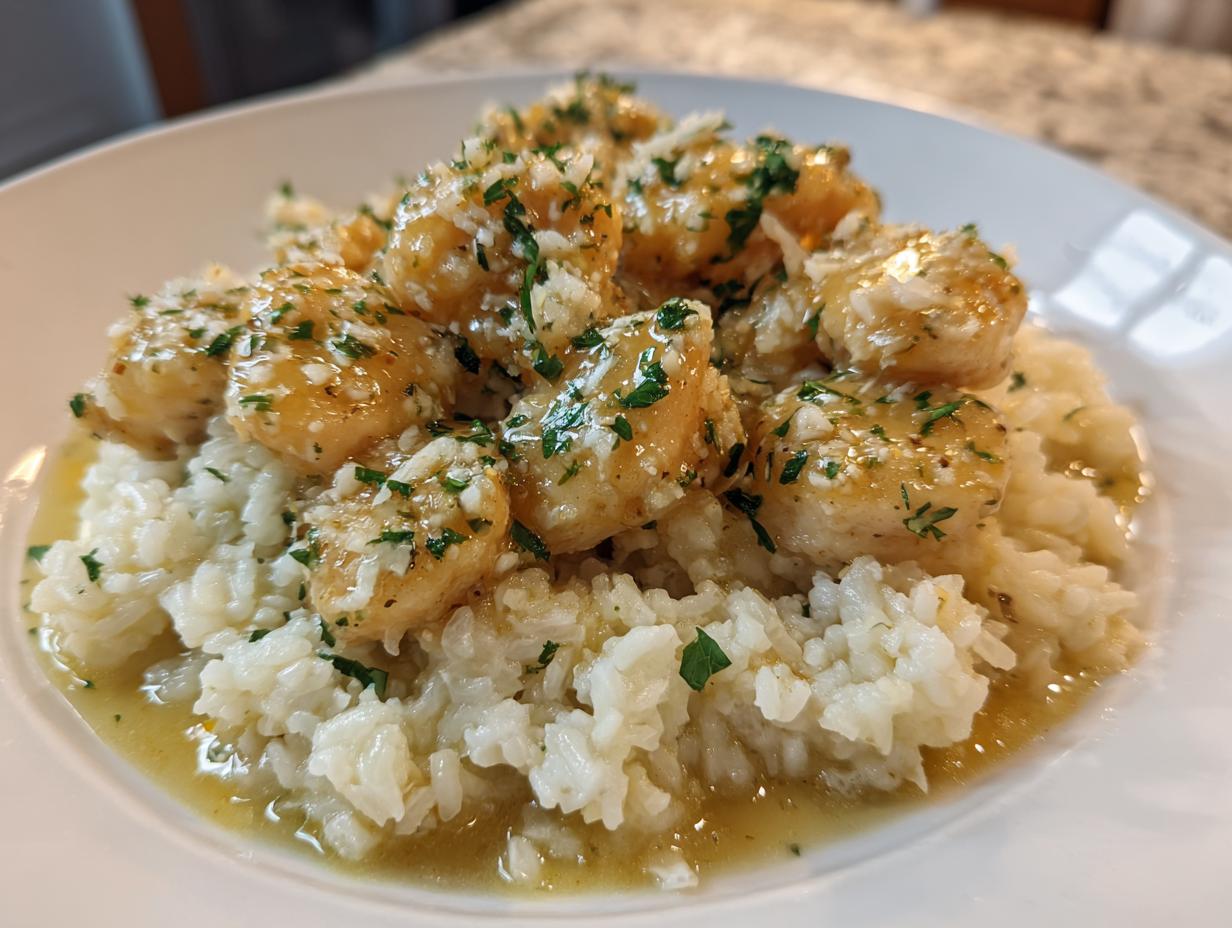Close-up of easy chicken scampi served over creamy garlic parmesan rice, topped with herbs.