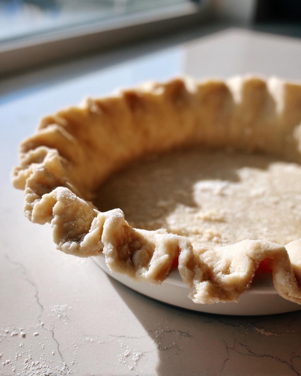 Close-up of an unbaked, flaky pie crust recipe crimped in a white dish, dusted with flour.