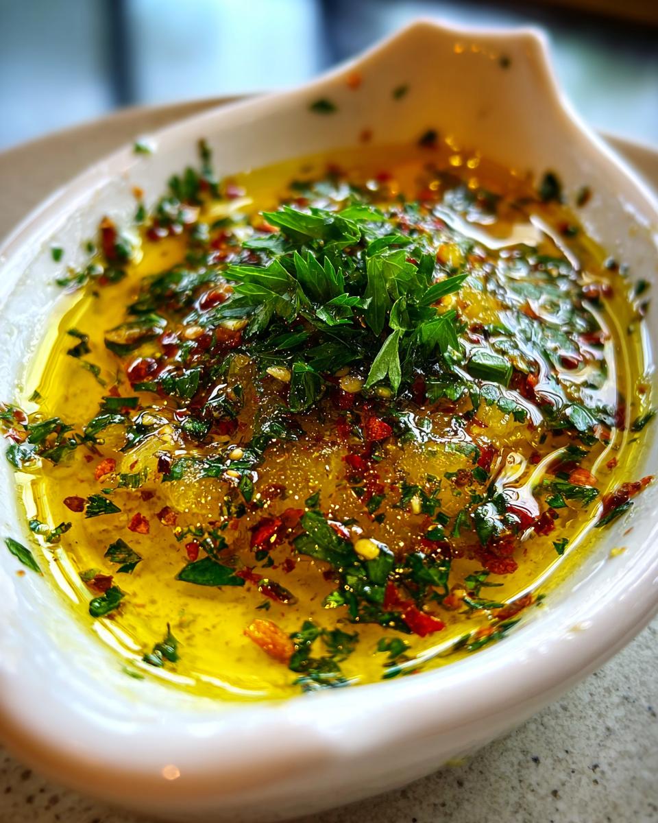 Close-up of a bright yellow olive oil bread dip seasoned with fresh parsley and red pepper flakes.
