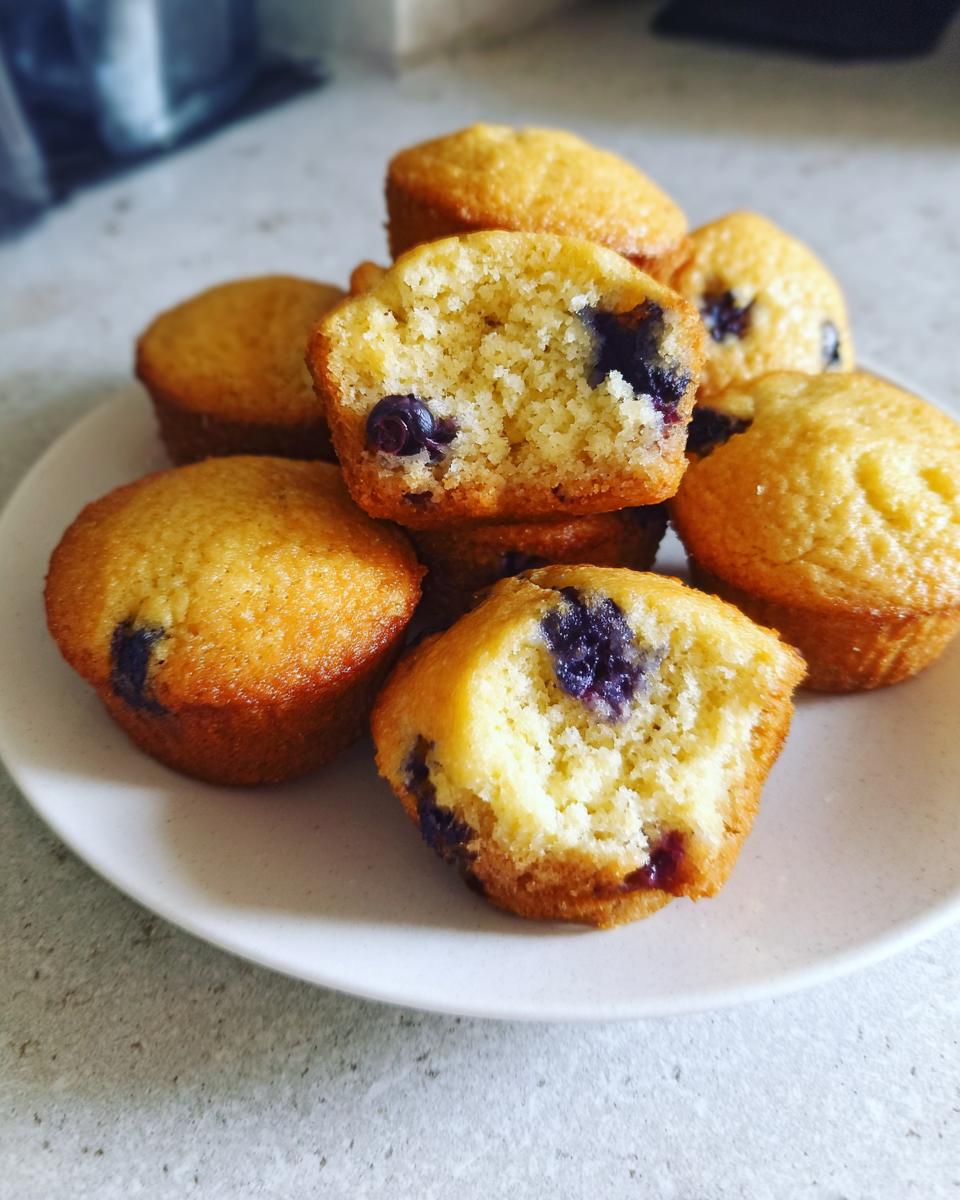 A stack of golden brown blueberry pancake muffins, one split open showing the fluffy interior.