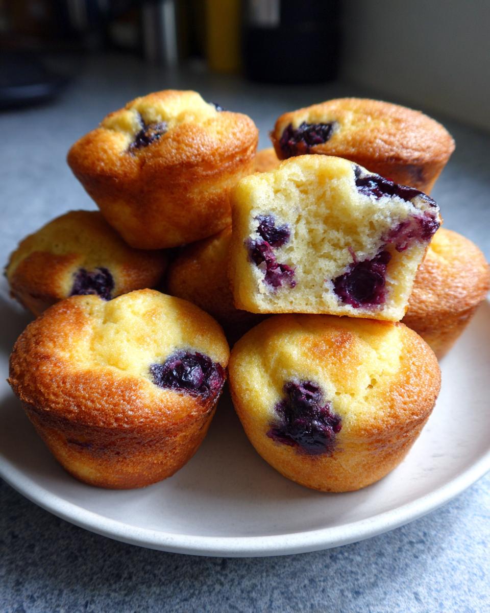 A stack of golden brown blueberry pancake muffins, one cut in half showing the fluffy interior.