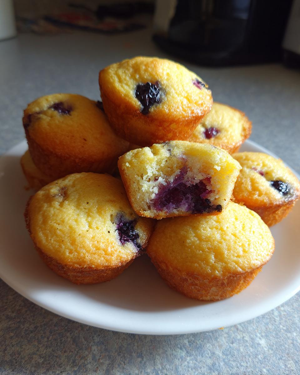A stack of golden brown blueberry pancake muffins, one cut open to show the moist interior.