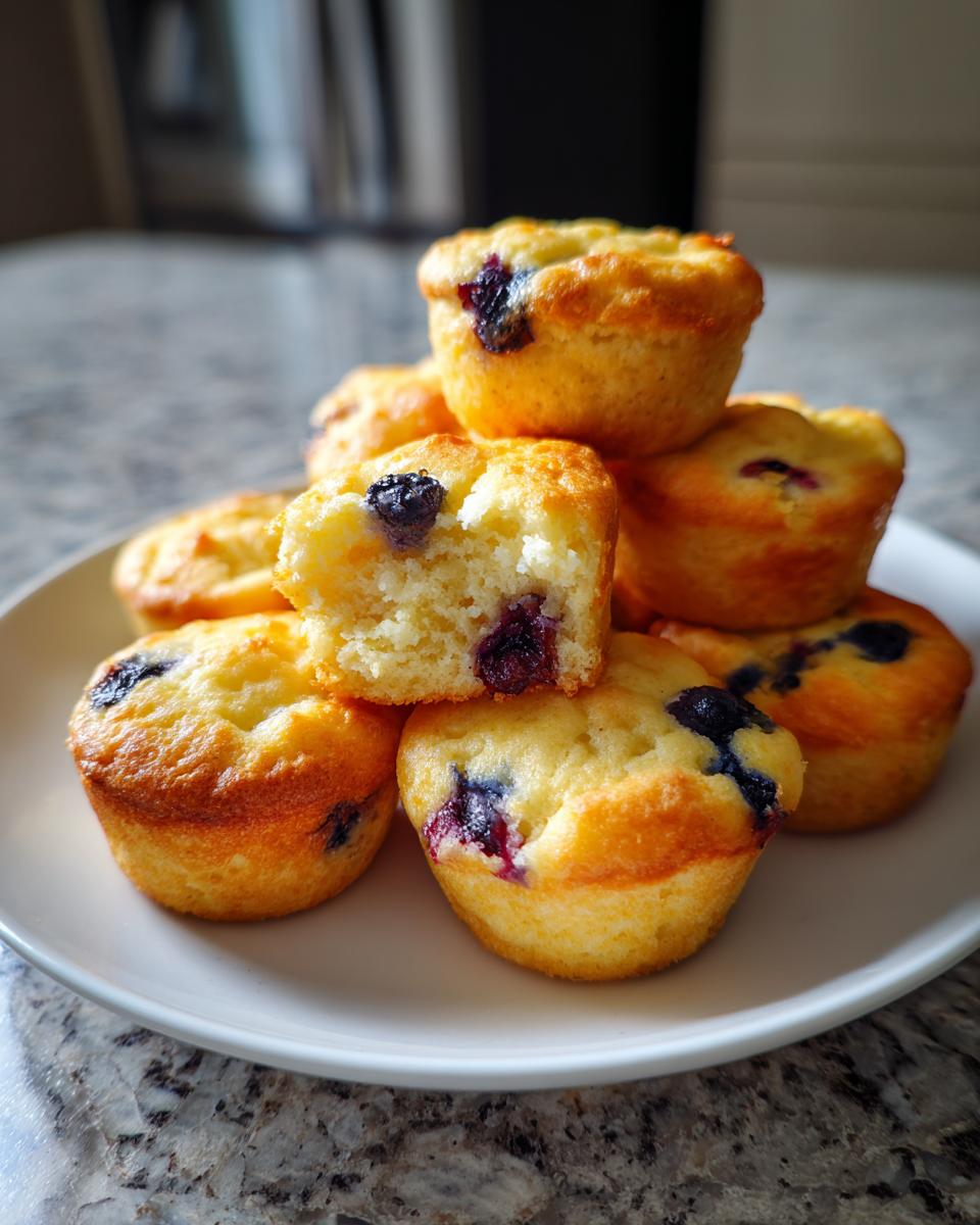 A stack of golden brown blueberry pancake muffins, one cut open showing the fluffy interior.