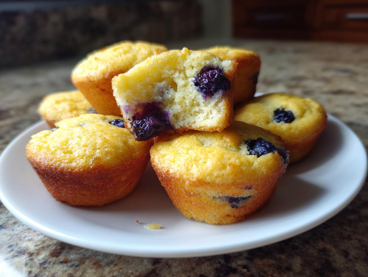 Close-up of several fluffy pancake muffins with visible blueberries, one muffin is broken open.