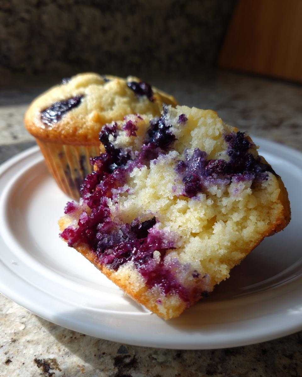 Close-up of a fluffy cottage cheese blueberry muffin cut in half, showing moist texture and juicy blueberries.
