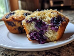 Close-up of a fluffy cottage cheese blueberry muffin cut in half, showing moist interior and burst blueberries.