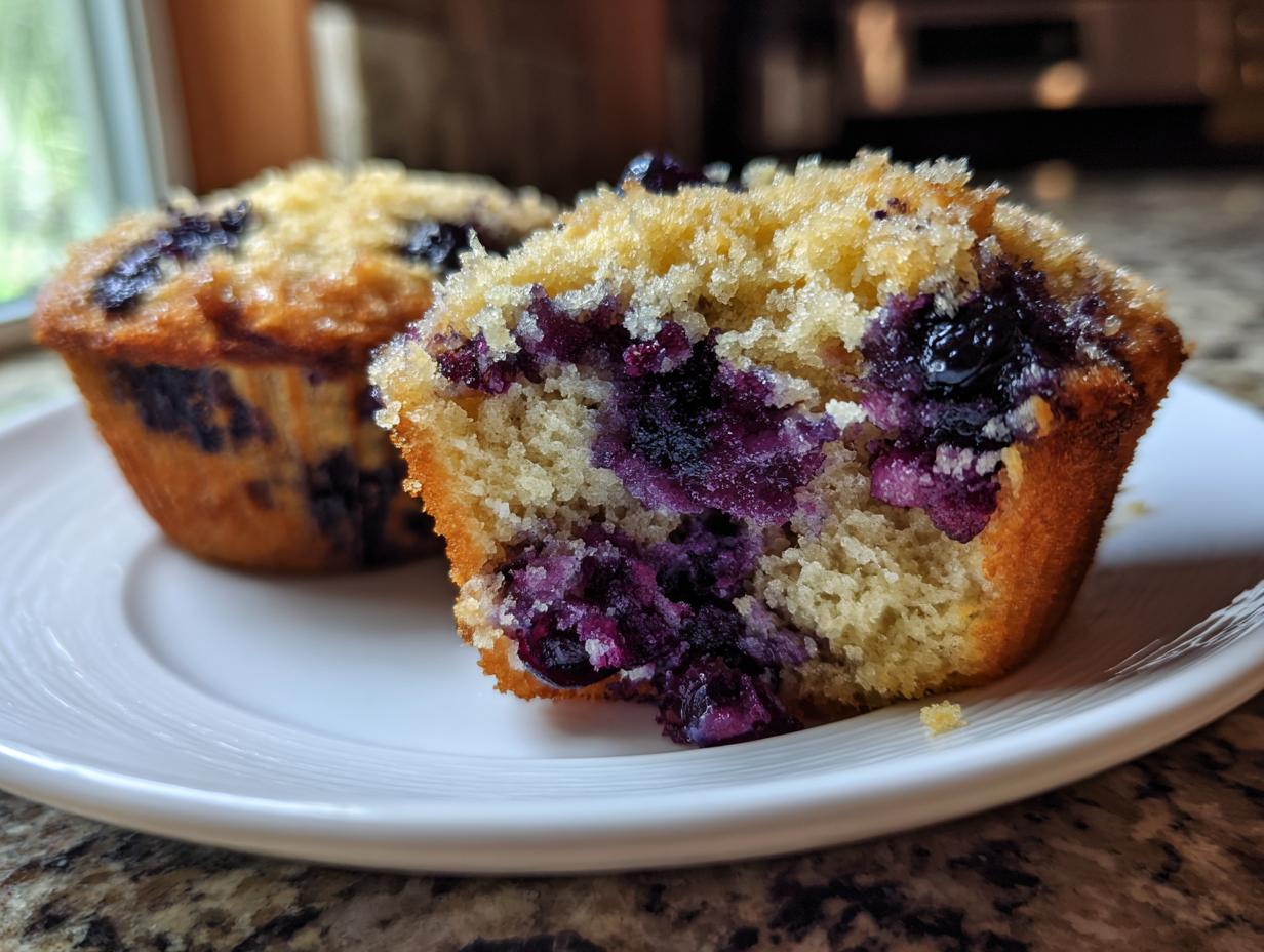 Close-up of a fluffy cottage cheese blueberry muffin cut in half, showing moist interior and burst blueberries.