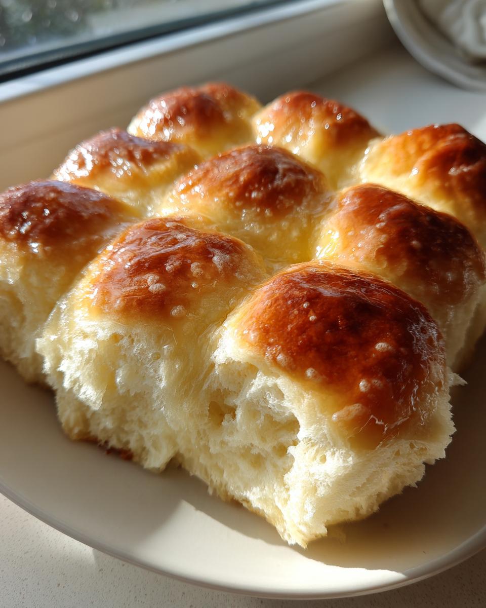 Close-up of soft, pull-apart dinner rolls with a shiny, buttery glaze on top.