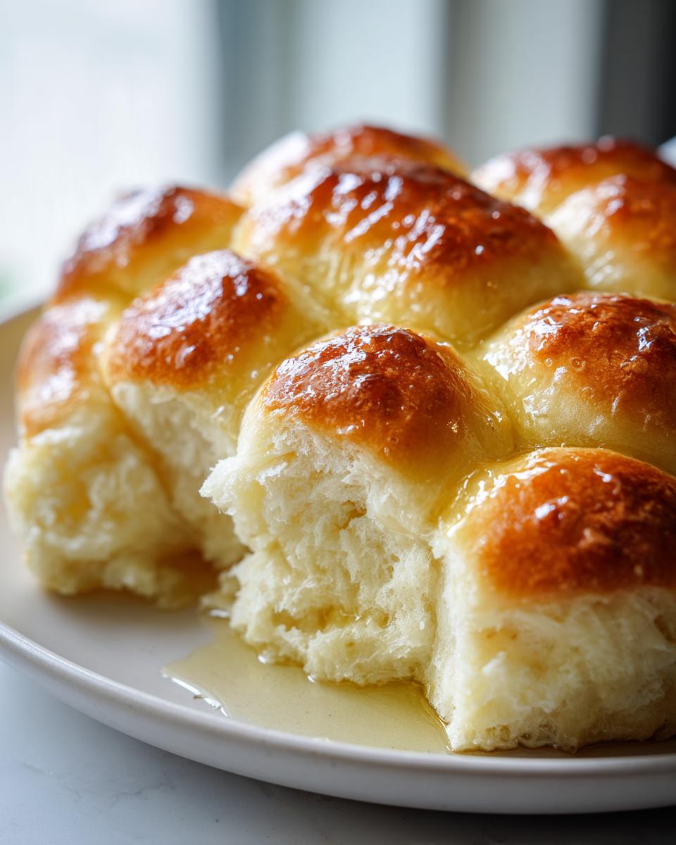 Close-up of pull-apart, fluffy dinner rolls brushed with a shiny honey glaze.