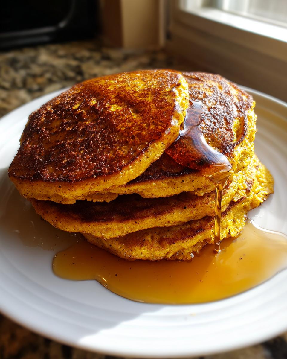 A close-up stack of four fluffy pumpkin pancakes being drizzled with maple syrup on a white plate.