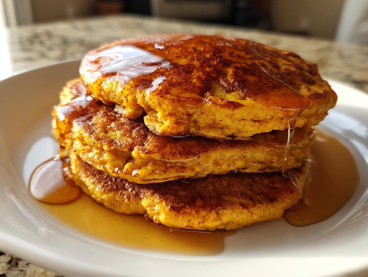 Close-up of a tall stack of fluffy pumpkin pancakes drizzled generously with maple syrup.