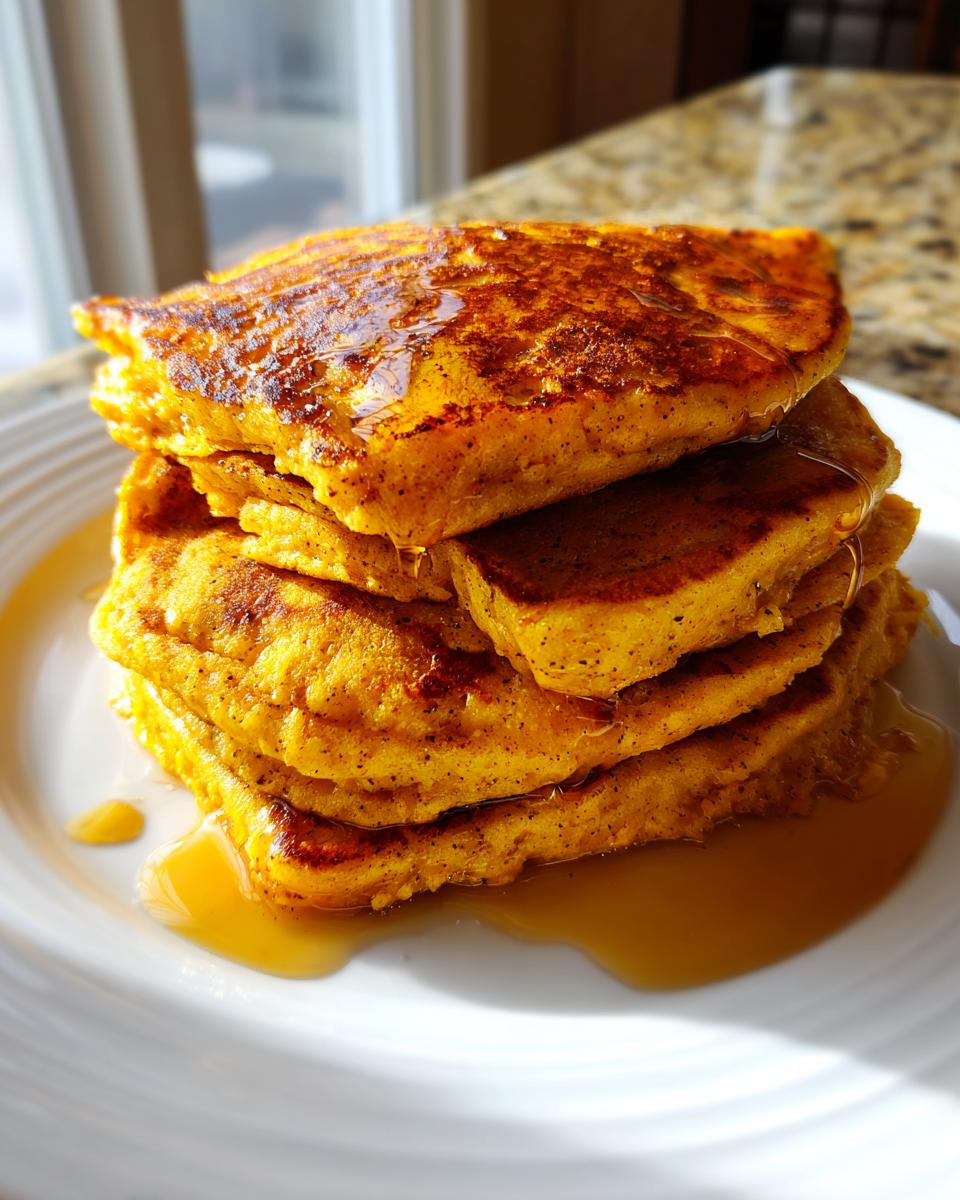 Close-up of a tall stack of fluffy, golden-orange pumpkin pancakes drizzled generously with maple syrup.