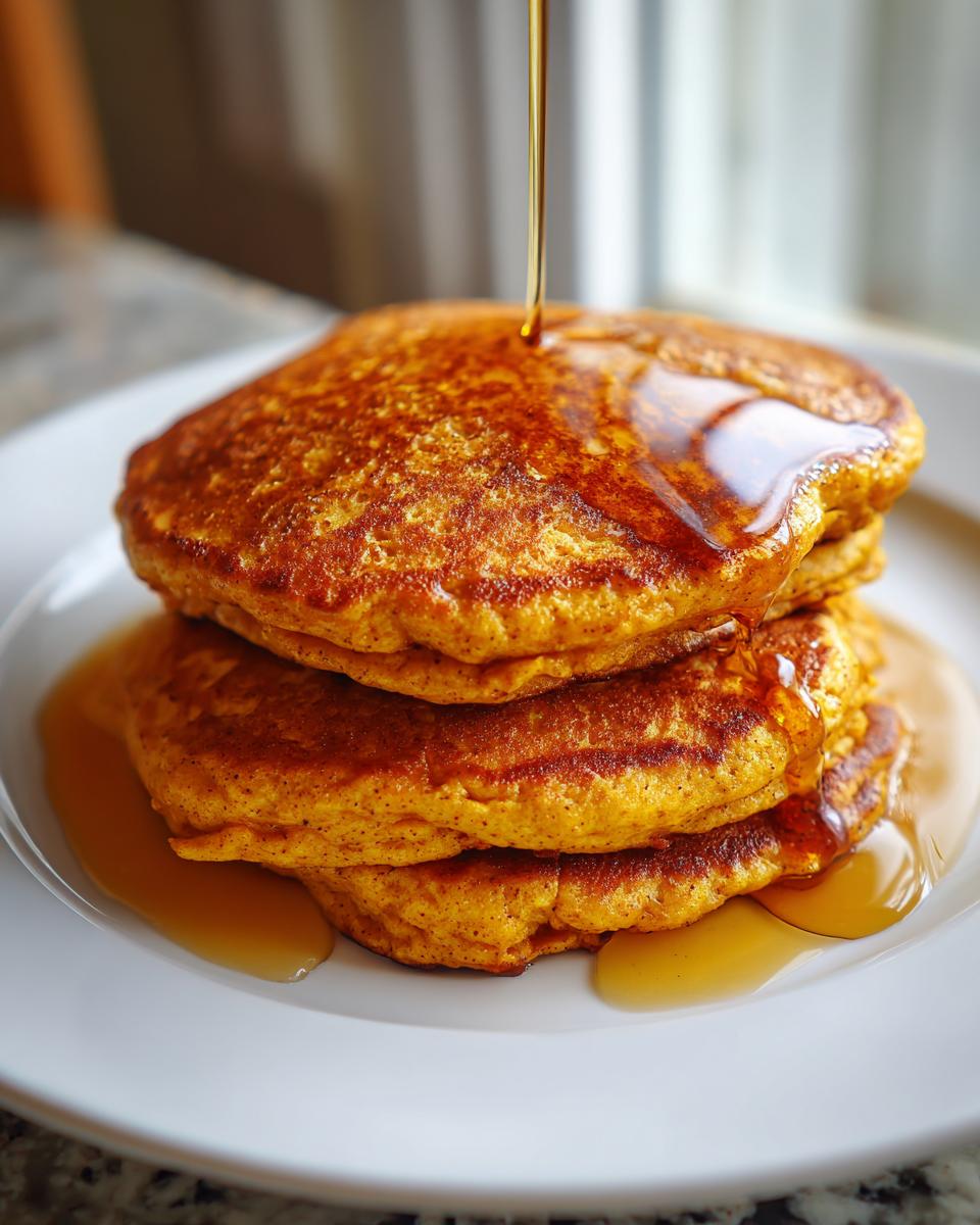 A tall stack of three fluffy pumpkin pancakes being drizzled with maple syrup on a white plate.