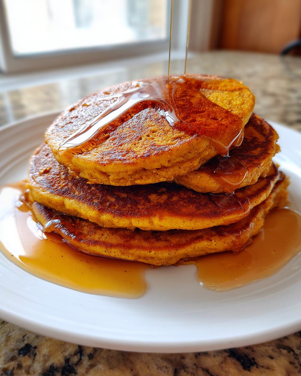 A stack of four fluffy pumpkin pancakes being drizzled with maple syrup on a white plate.