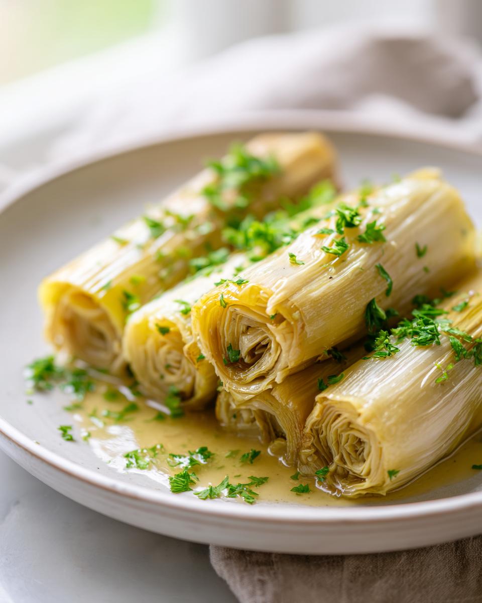 Close-up of tender french braised leeks served on a plate with butter sauce and fresh chopped parsley.