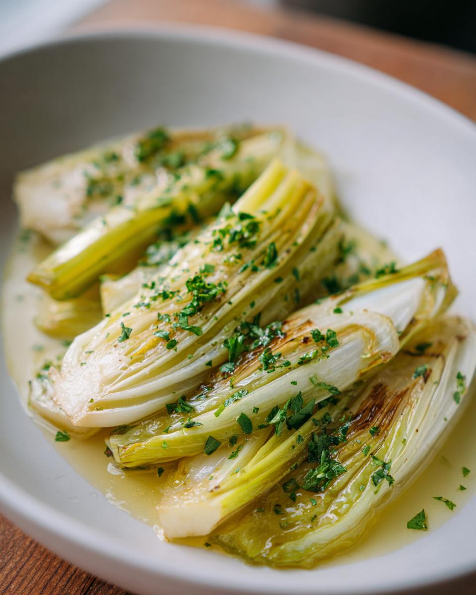 Close-up of tender french braised leeks served in a white bowl with savory broth and fresh parsley.