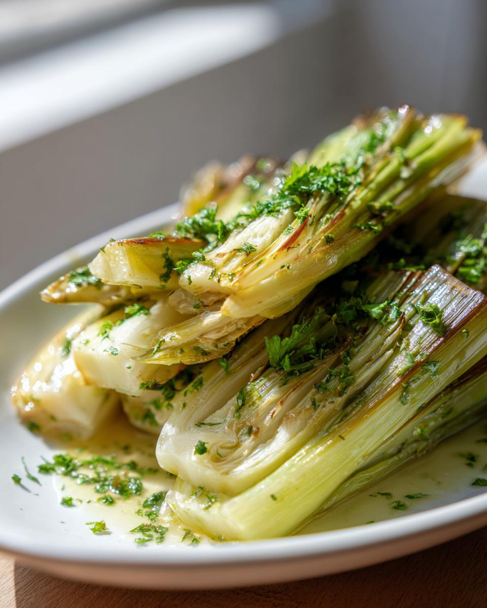 Close-up of tender french braised leeks served in a light sauce and sprinkled with fresh chopped parsley.
