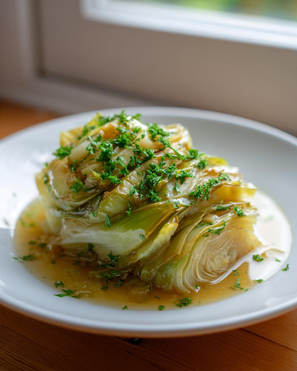 A serving of tender french braised leeks sitting in broth and topped with fresh chopped parsley.