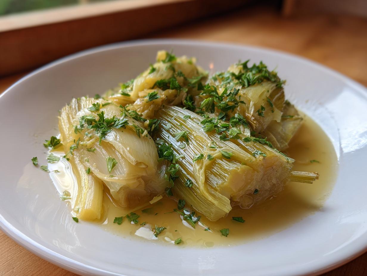 Close-up of tender french braised leeks served in a light broth and topped with fresh chopped parsley.