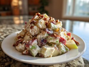 A mound of creamy apple salad featuring diced red and green apples, cranberries, and topped with pecans.