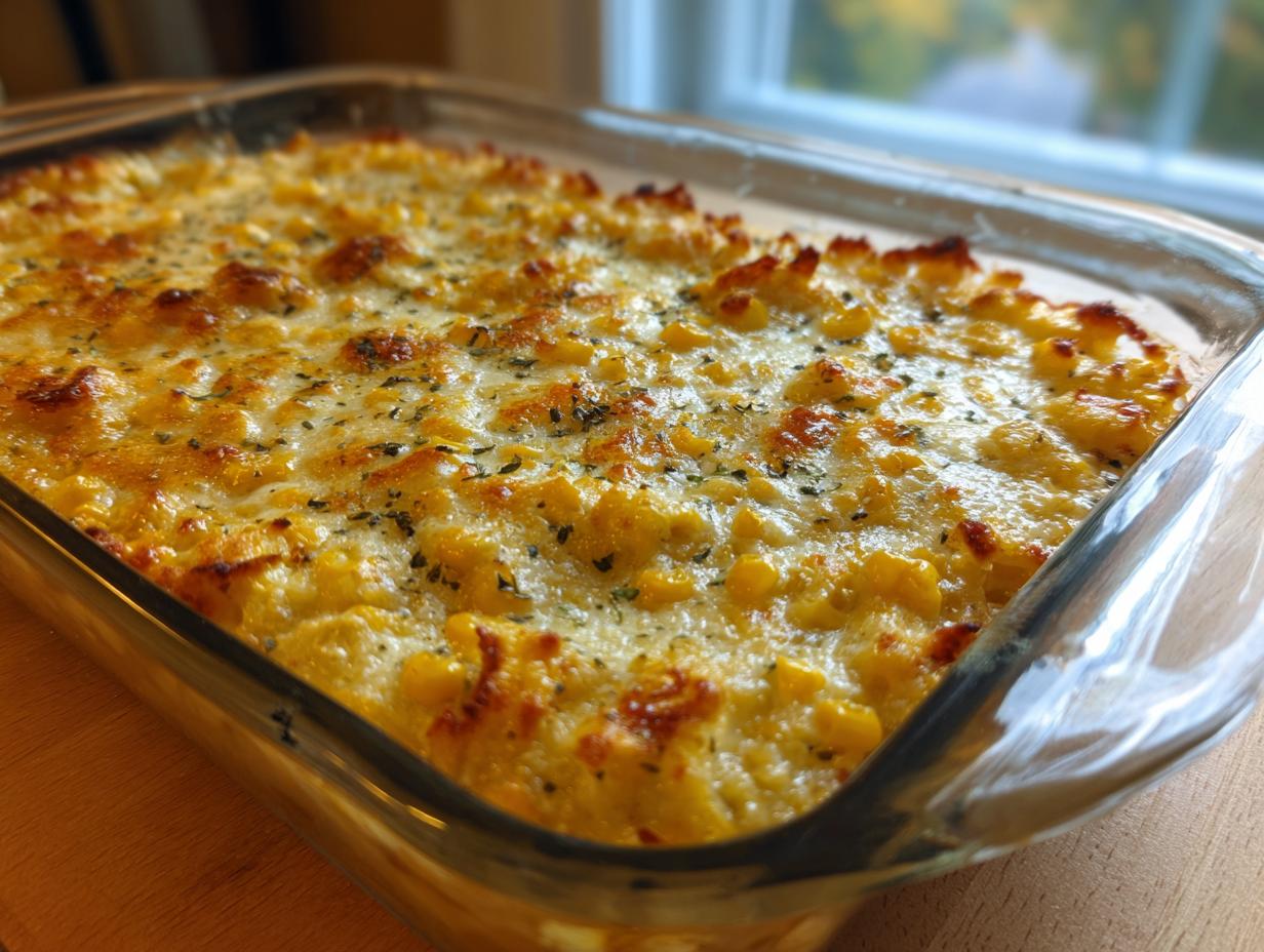 Close-up of a bubbling, cheesy baked elote dip topped with herbs in a clear glass baking dish.