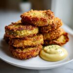 A stack of golden brown, crispy fried green tomatoes served with a dollop of creamy dipping sauce.