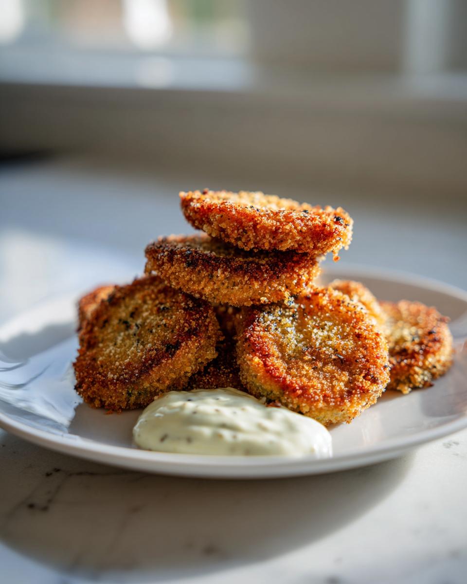 A stack of crispy, golden brown fried green tomatoes served on a white plate with a side of creamy dipping sauce.