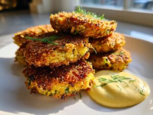A stack of golden brown fried green tomatoes patties served with a creamy yellow dipping sauce and fresh dill.