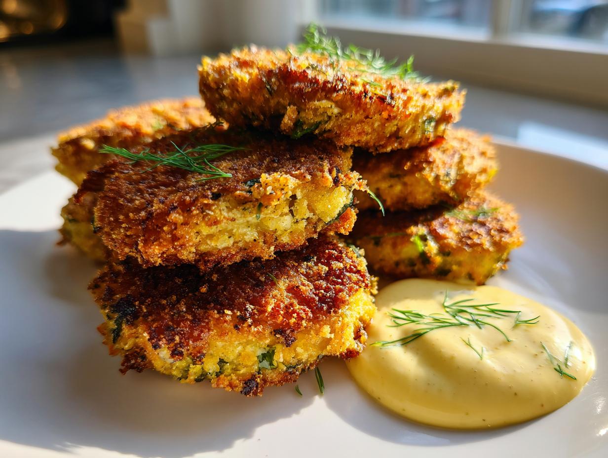A stack of golden brown fried green tomatoes patties served with a creamy yellow dipping sauce and fresh dill.